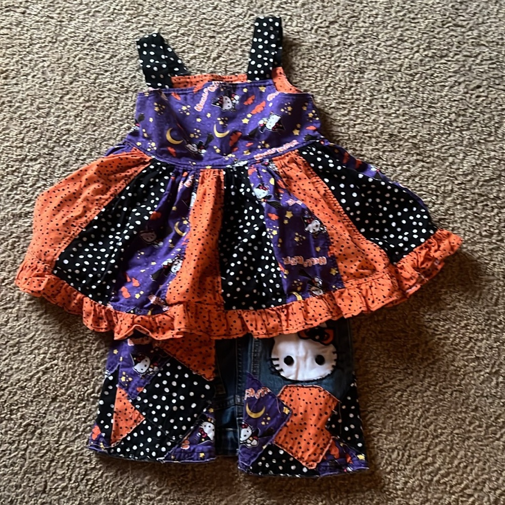 Girls 4/5 Boutique Hello Kitty Halloween Outfit Patchwork bottom jeans Twirl top